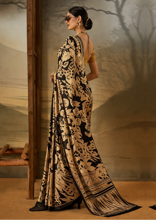 Crepe Beige Printed Designer Saree With Blouse Piece (SATIN82)
