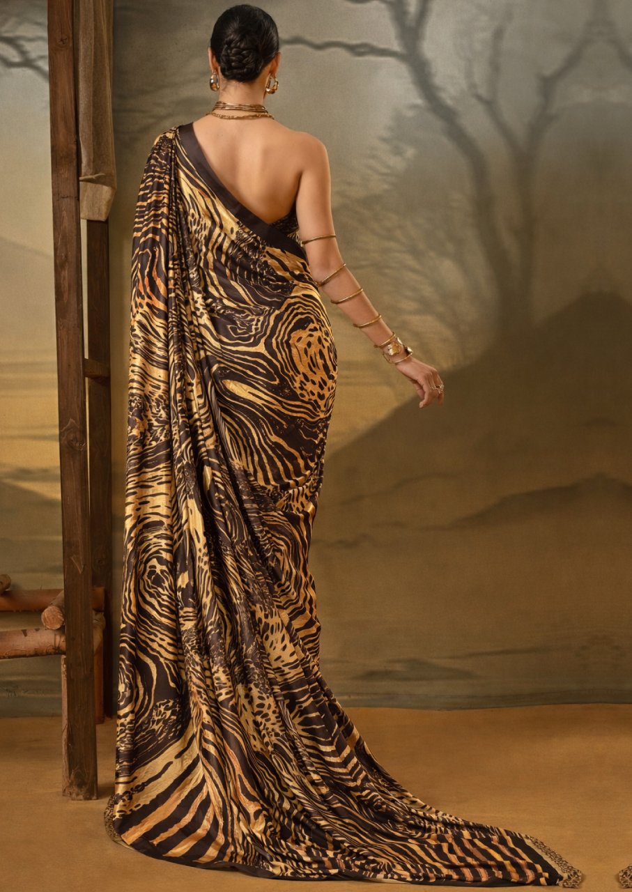 Crepe Beige Printed Designer Saree With Blouse Piece (SATIN85)