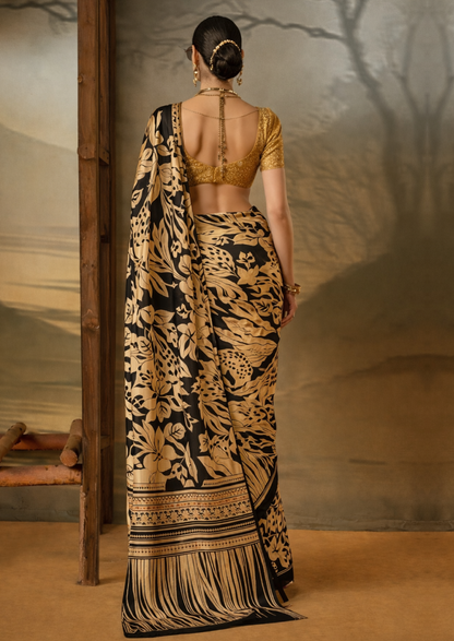 Crepe Beige Printed Designer Saree With Blouse Piece (SATIN82)