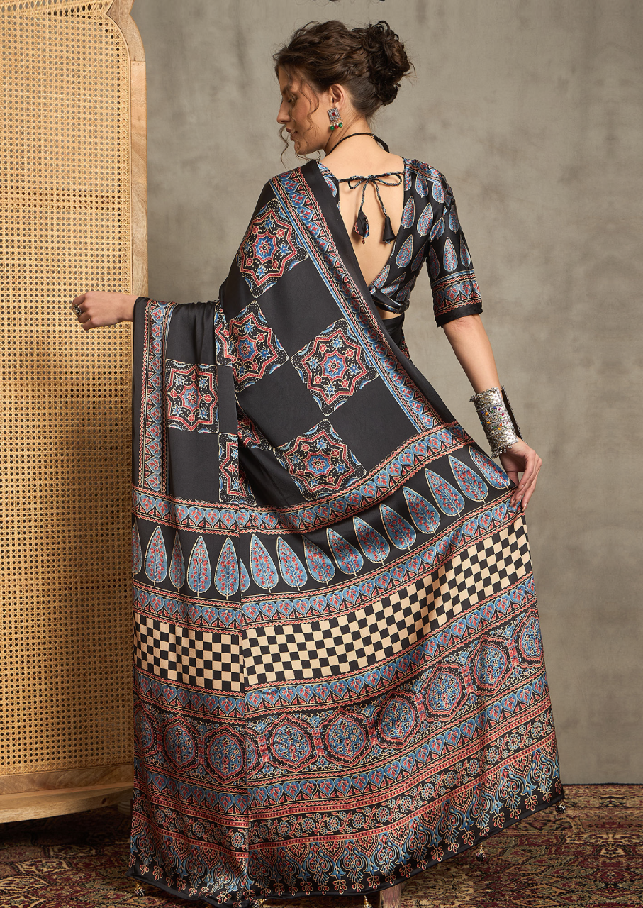 Pure Crepe Black Printed Designer Saree With Blouse Piece (NORAJRK106)