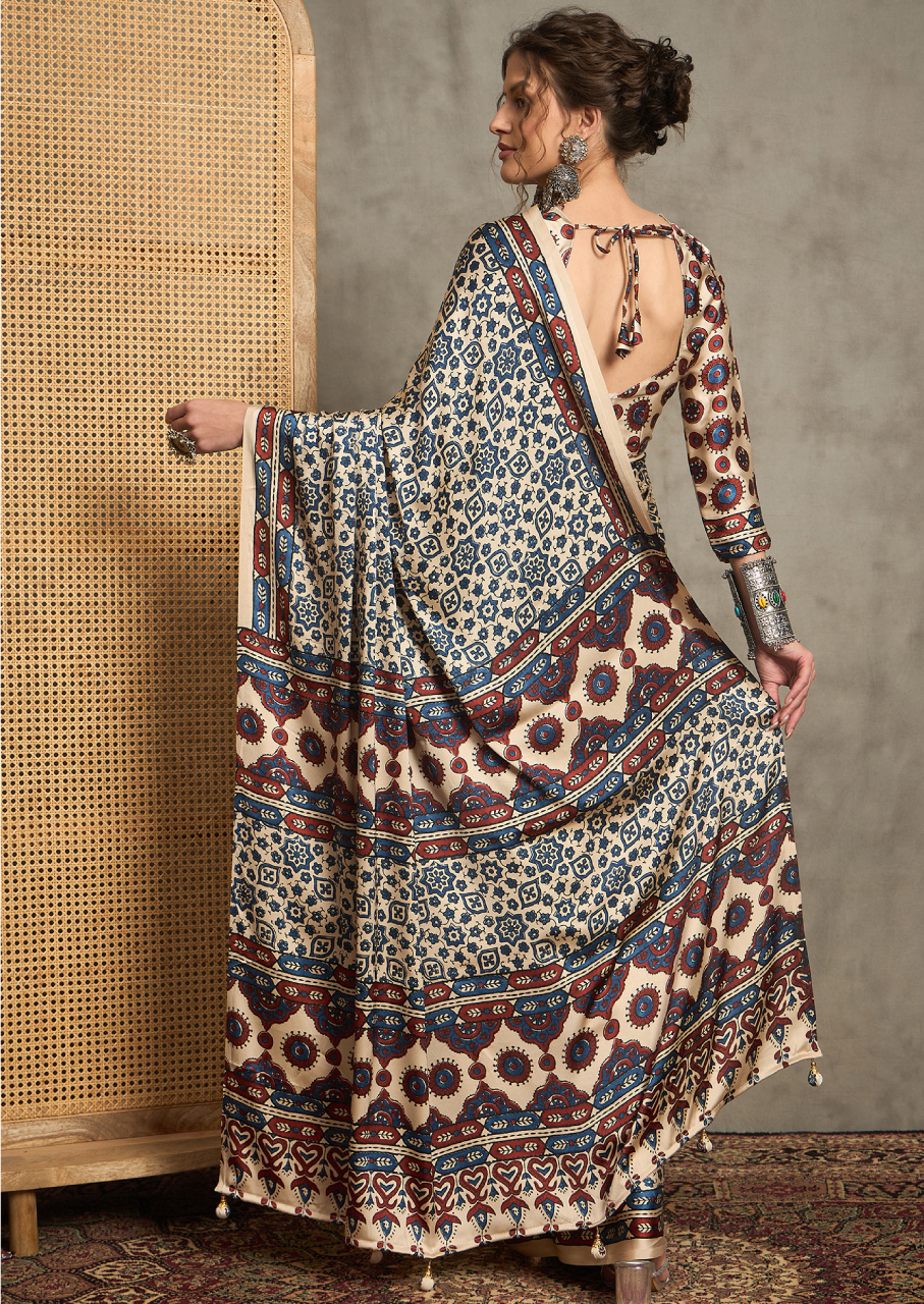 Pure Crepe Cream Printed Designer Saree With Blouse Piece (NORAJRK107)