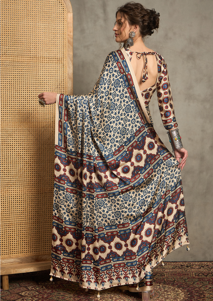 Pure Crepe Cream Printed Designer Saree With Blouse Piece (NORAJRK107)