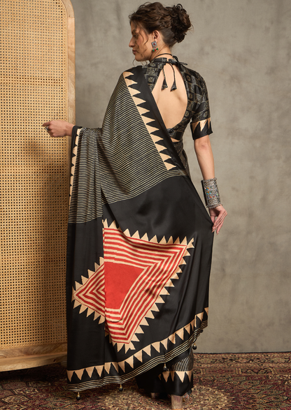 Pure Crepe Black Printed Designer Saree With Blouse Piece (NORAJRK105)