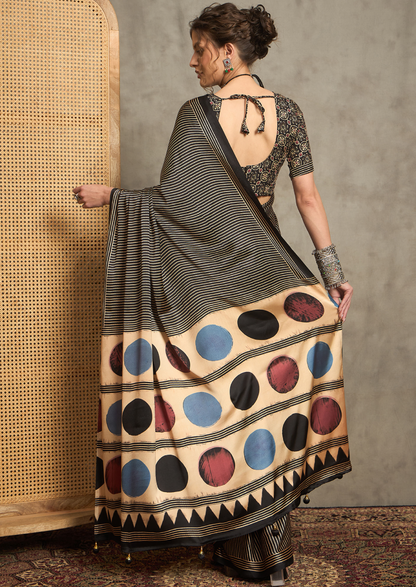 Pure Crepe Black Printed Designer Saree With Blouse Piece (NORAJRK102)
