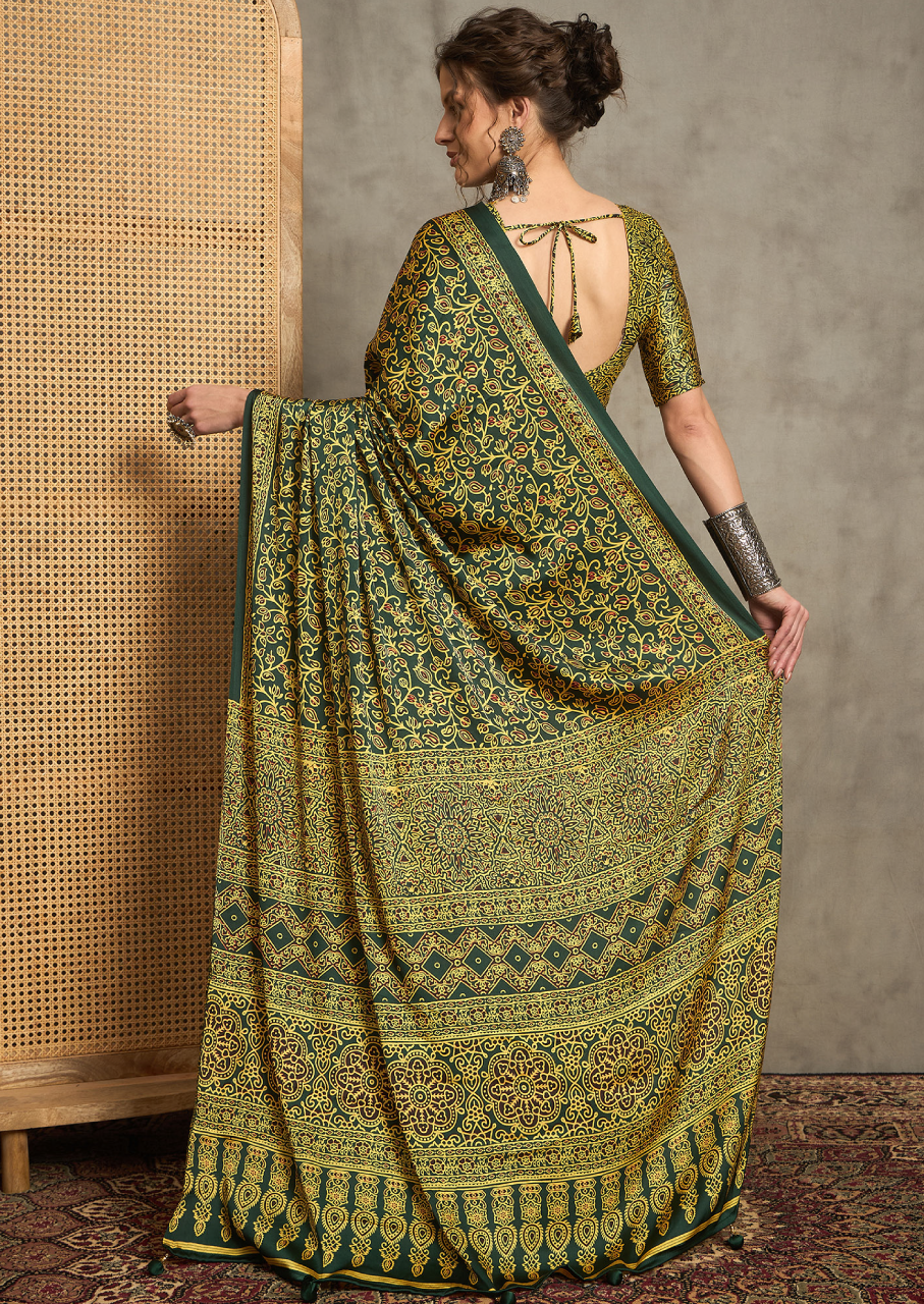Pure Crepe Green Printed Designer Saree With Blouse Piece (NORAJRK109)