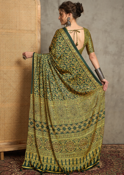 Pure Crepe Green Printed Designer Saree With Blouse Piece (NORAJRK109)