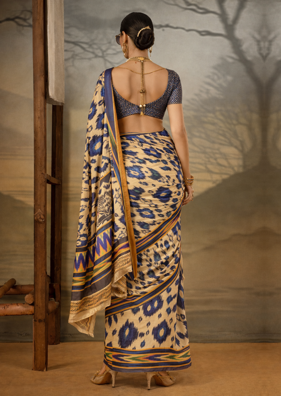 Crepe Beige Printed Designer Saree With Blouse Piece (SATIN84)