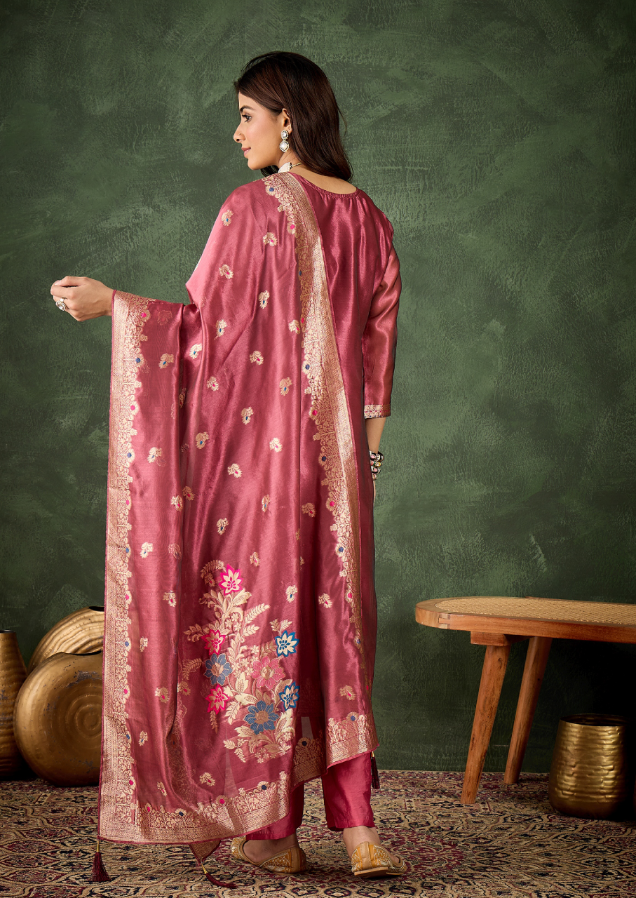 Embroidered Silk Blend Organza Meenakari Straight Suits With Dupatta (VC9738)
