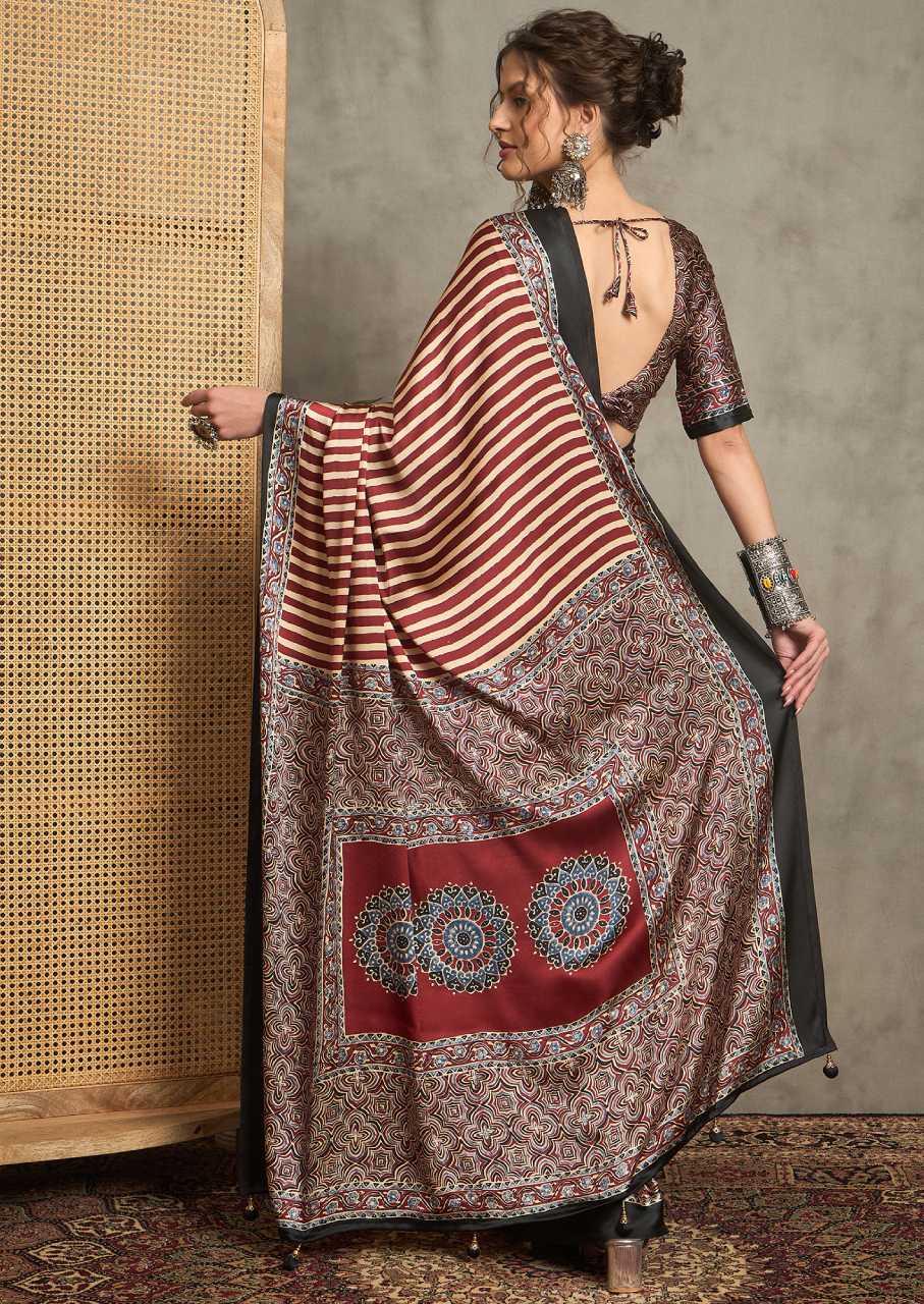 Pure Crepe Maroon Printed Designer Saree With Blouse Piece (NORAJRK104)
