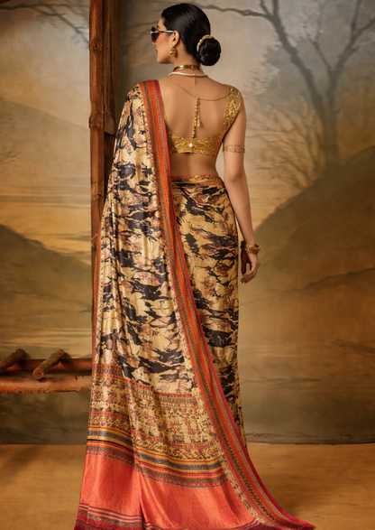 Crepe Beige Printed Designer Saree With Blouse Piece (SATIN81)