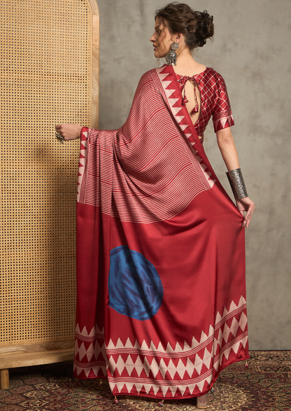 Pure Crepe Red Printed Designer Saree With Blouse Piece (NORAJRK108)