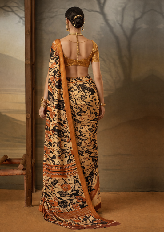 Crepe Beige Printed Designer Saree With Blouse Piece (SATIN83)