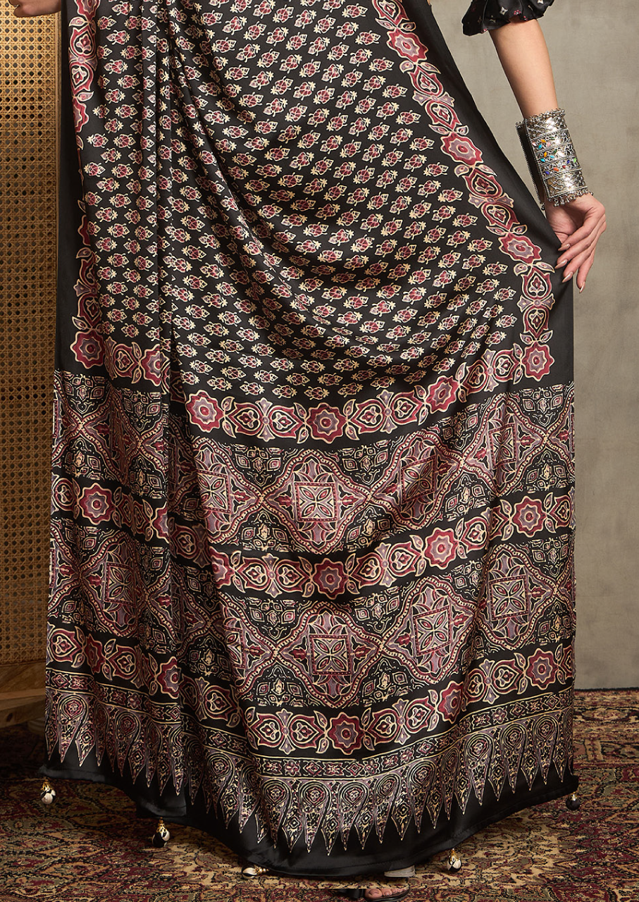Pure Crepe Black Printed Designer Saree With Blouse Piece (NORAJRK103)