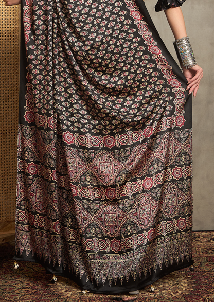 Pure Crepe Black Printed Designer Saree With Blouse Piece (NORAJRK103)