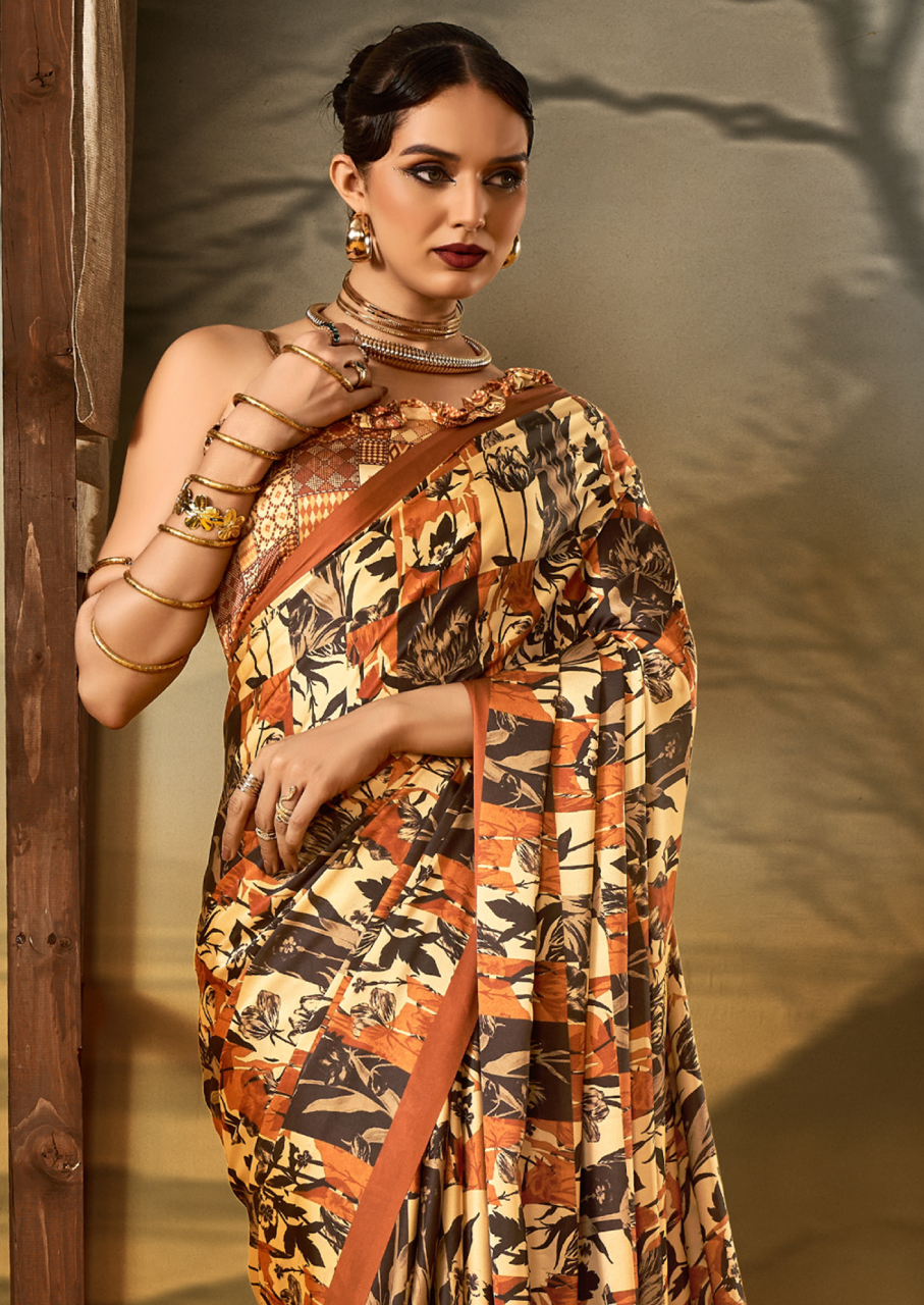 Crepe Beige Printed Designer Saree With Blouse Piece (SATIN83)