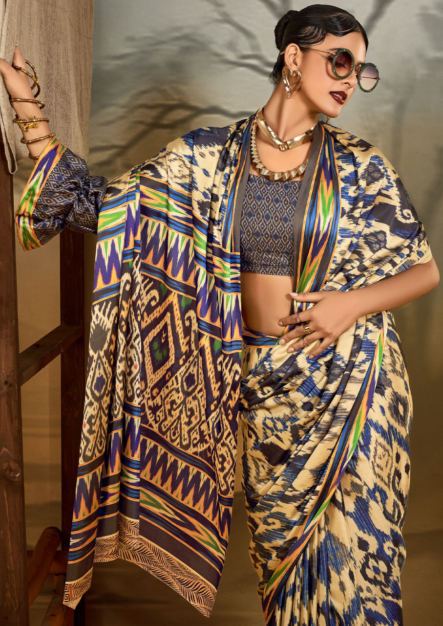 Crepe Beige Printed Designer Saree With Blouse Piece (SATIN84)