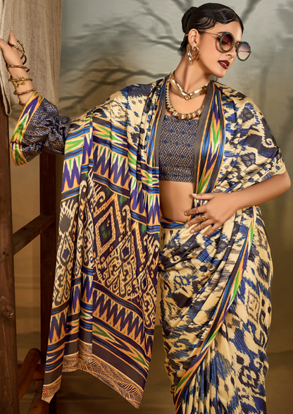 Crepe Beige Printed Designer Saree With Blouse Piece (SATIN84)