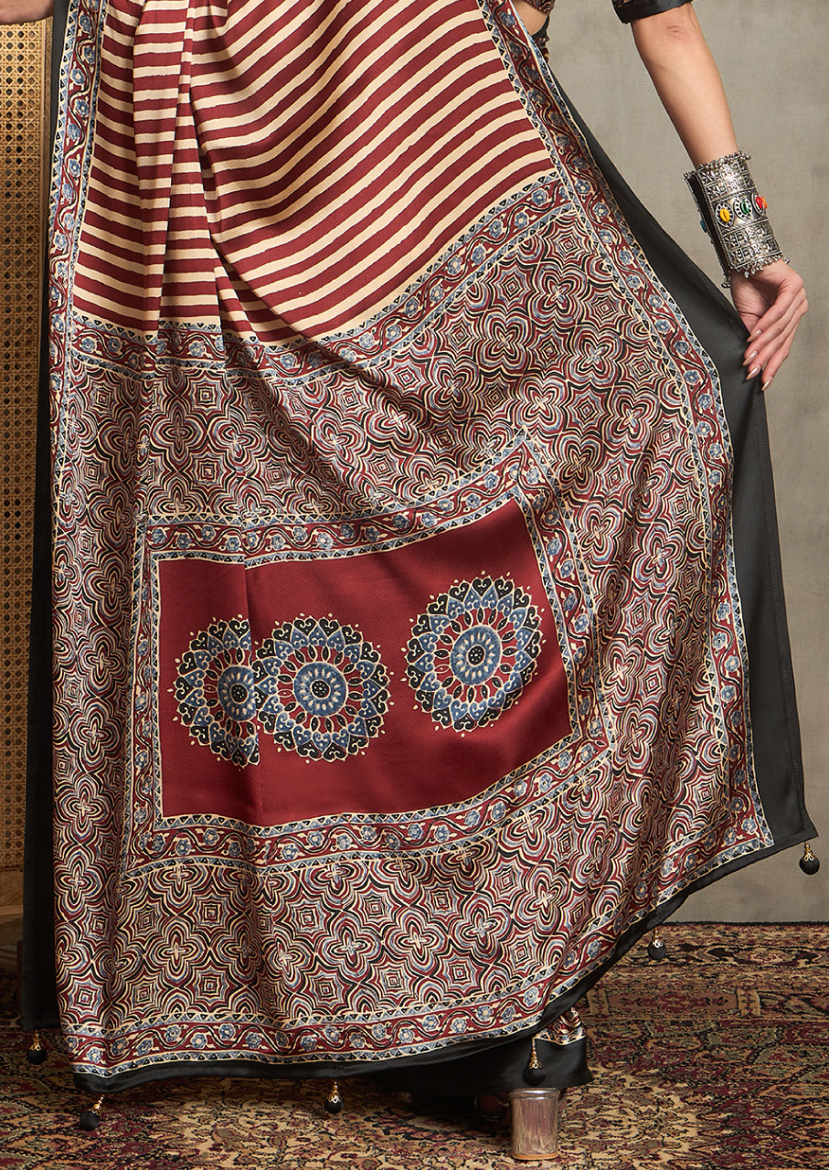 Pure Crepe Maroon Printed Designer Saree With Blouse Piece (NORAJRK104)