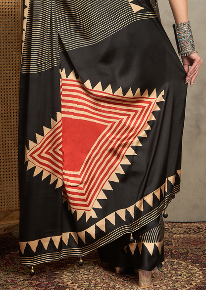 Pure Crepe Black Printed Designer Saree With Blouse Piece (NORAJRK105)