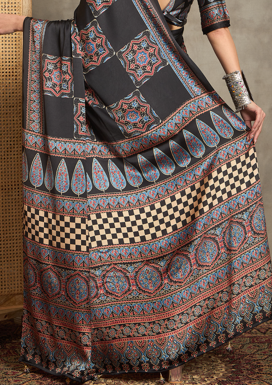 Pure Crepe Black Printed Designer Saree With Blouse Piece (NORAJRK106)