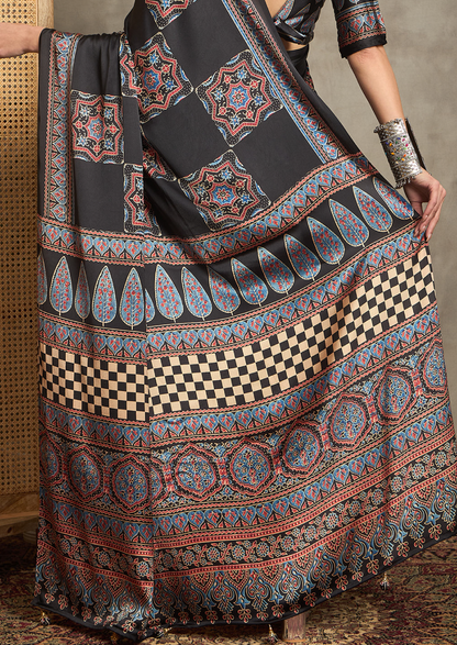 Pure Crepe Black Printed Designer Saree With Blouse Piece (NORAJRK106)