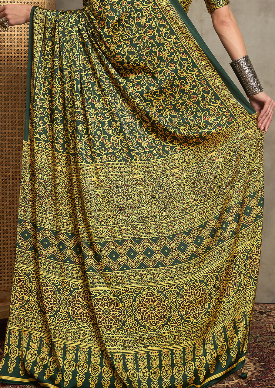 Pure Crepe Green Printed Designer Saree With Blouse Piece (NORAJRK109)