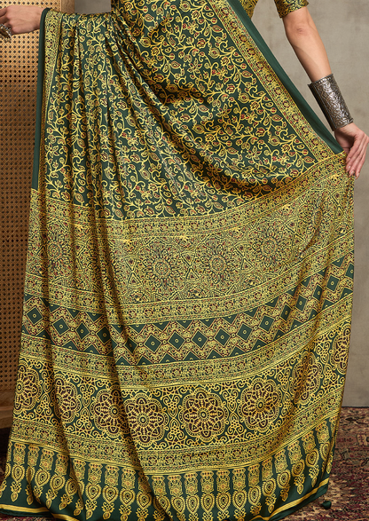 Pure Crepe Green Printed Designer Saree With Blouse Piece (NORAJRK109)