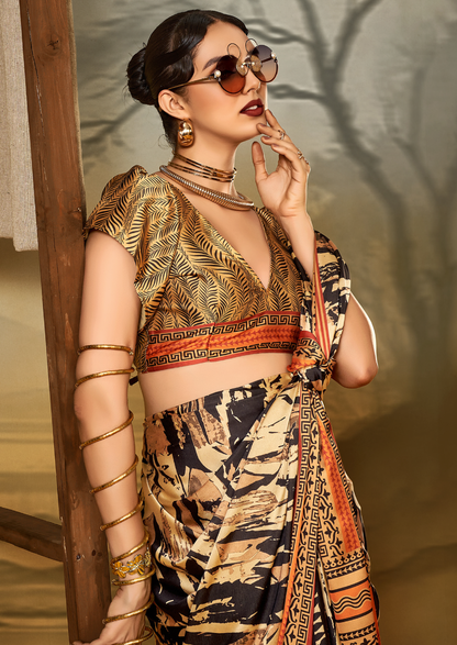 Crepe Beige Printed Designer Saree With Blouse Piece (SATIN81)