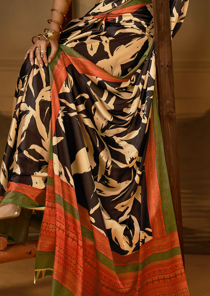 Crepe Black Printed Designer Saree With Blouse Piece (SATIN86)