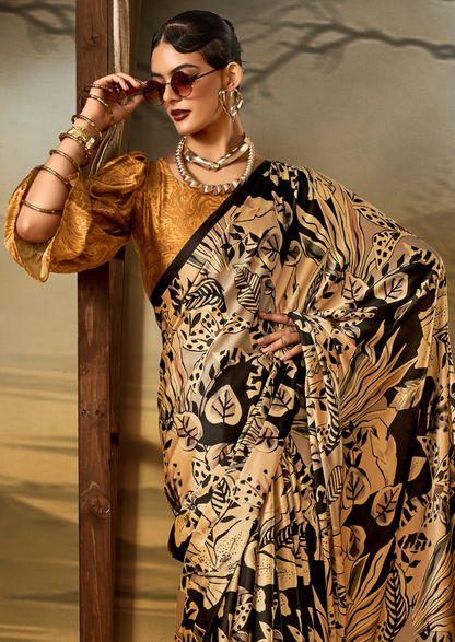 Crepe Beige Printed Designer Saree With Blouse Piece (SATIN82)