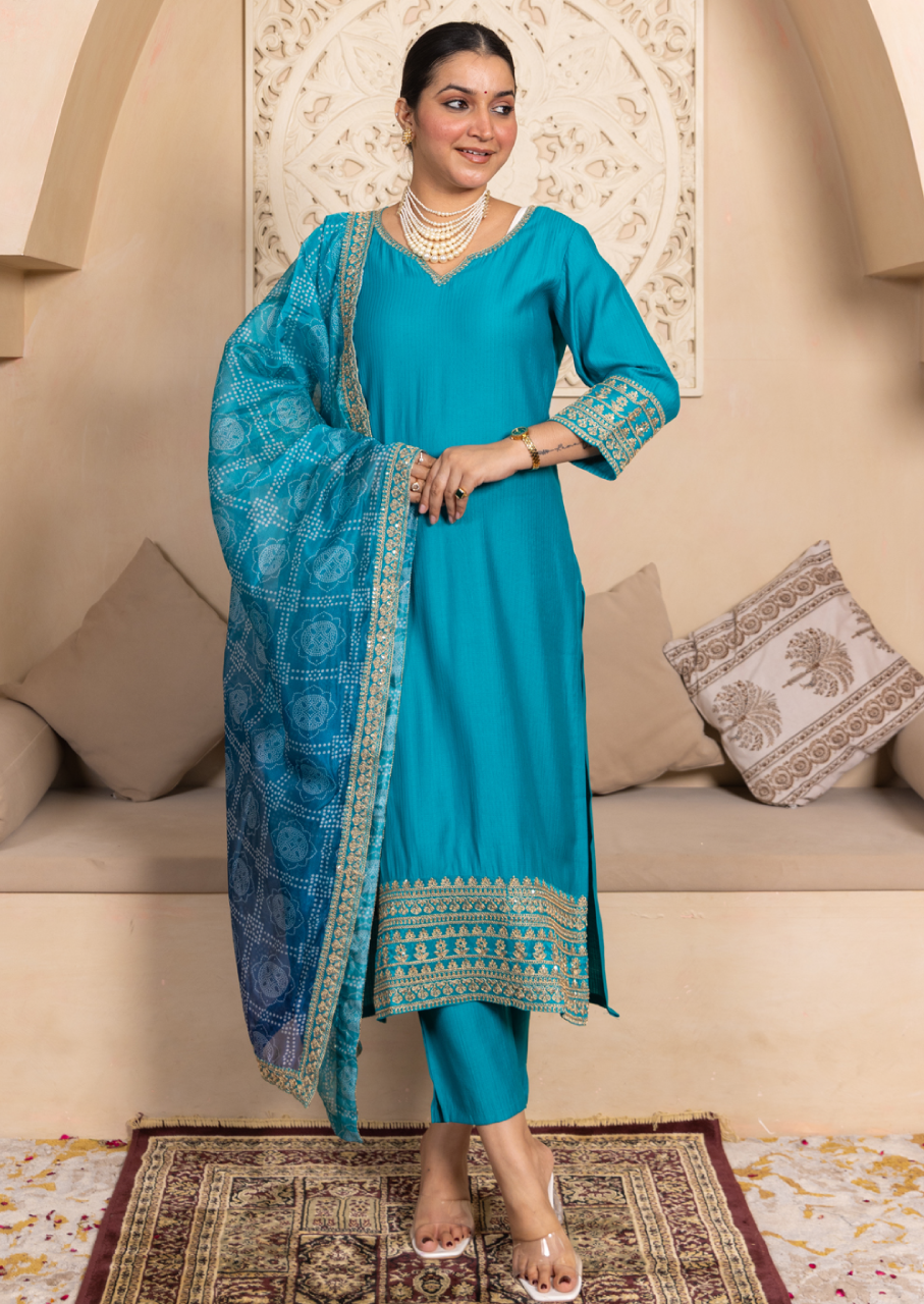 Majestic Teal Embroidered Suit Set (VC9780)