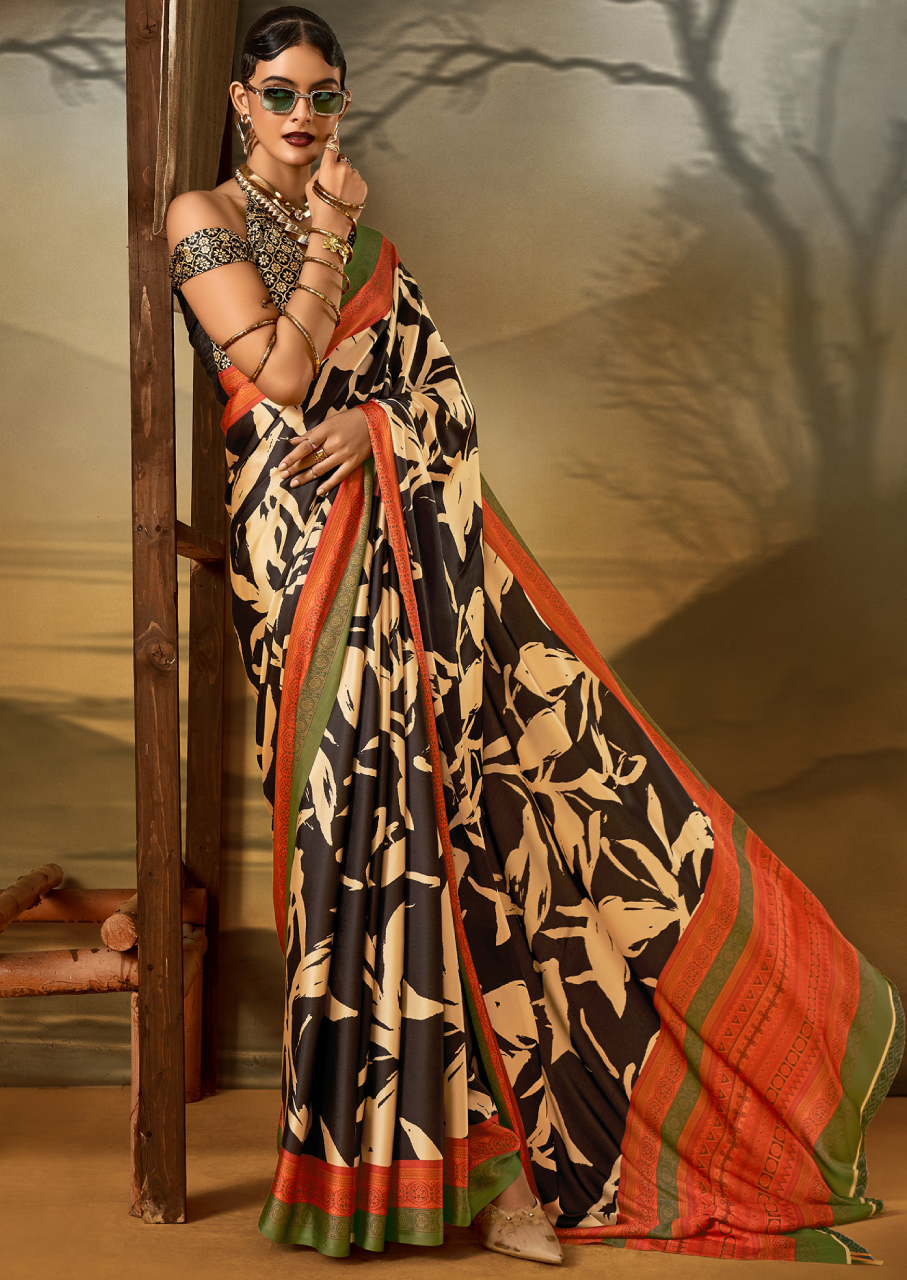 Crepe Black Printed Designer Saree With Blouse Piece (SATIN86)