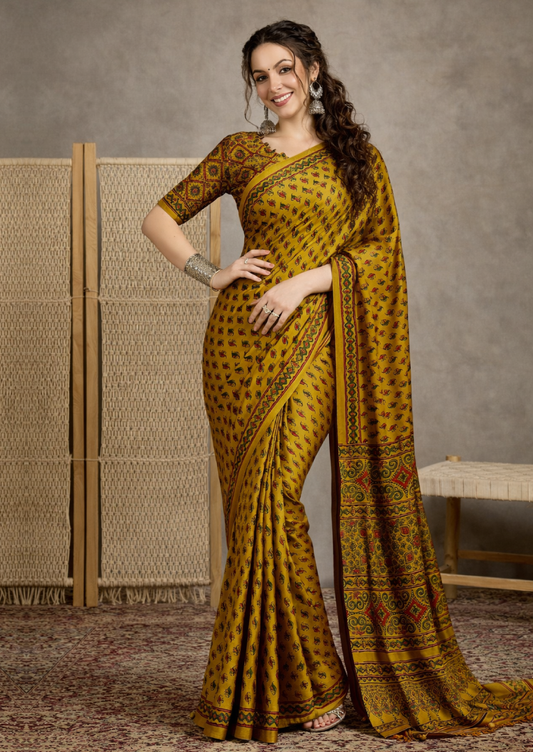 Pure Crepe Mustard Printed Designer Saree With Blouse Piece (MOHAR805)