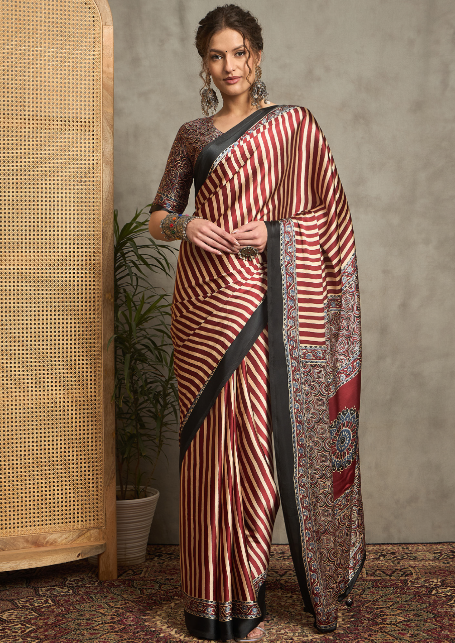 Pure Crepe Maroon Printed Designer Saree With Blouse Piece (NORAJRK104)