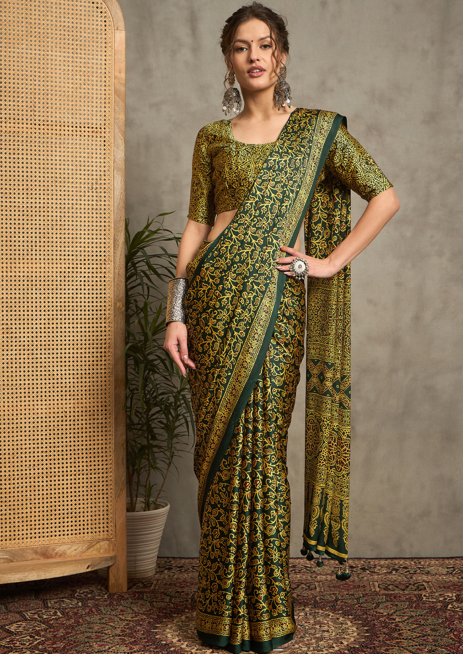Pure Crepe Green Printed Designer Saree With Blouse Piece (NORAJRK109)