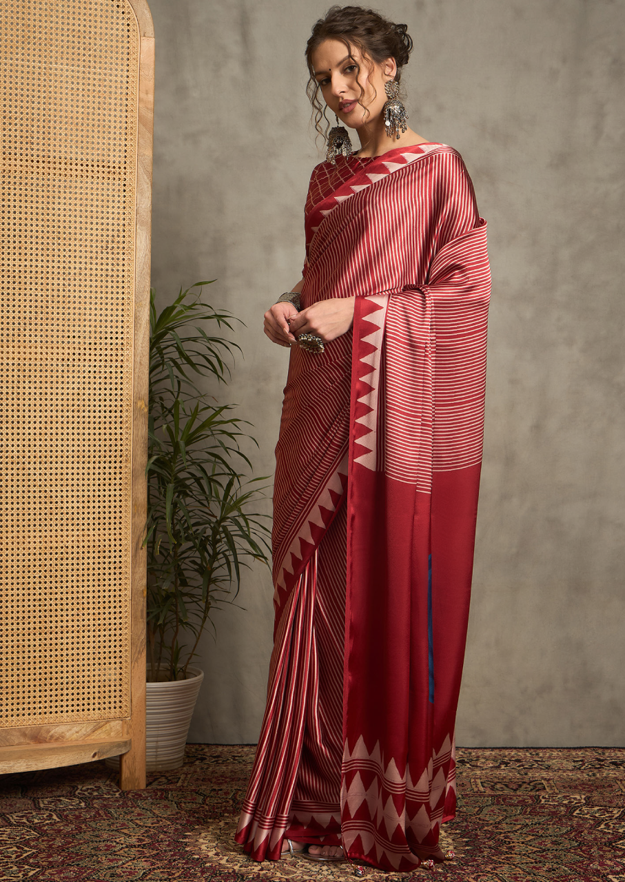 Pure Crepe Red Printed Designer Saree With Blouse Piece (NORAJRK108)