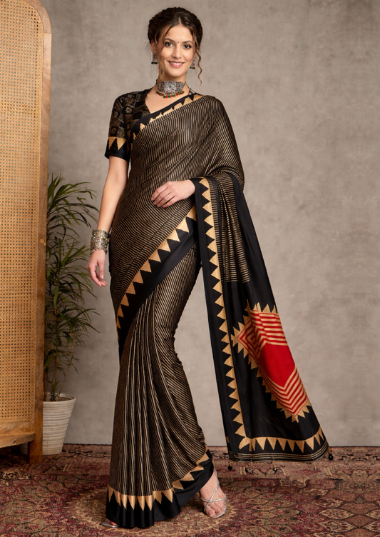 Pure Crepe Black Printed Designer Saree With Blouse Piece (NORAJRK105)