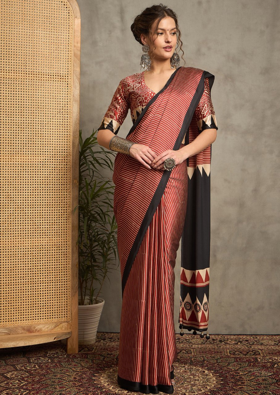Pure Crepe Maroon Printed Designer Saree With Blouse Piece (NORAJRK110)
