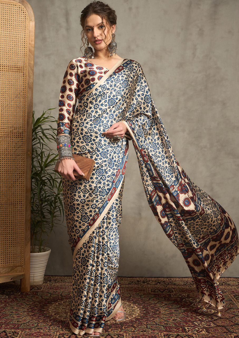 Pure Crepe Cream Printed Designer Saree With Blouse Piece (NORAJRK107)
