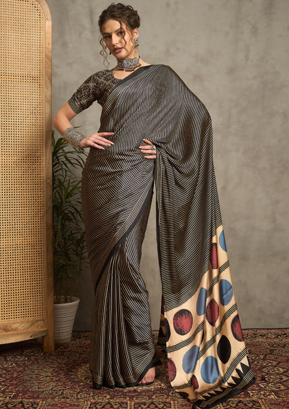 Pure Crepe Black Printed Designer Saree With Blouse Piece (NORAJRK102)