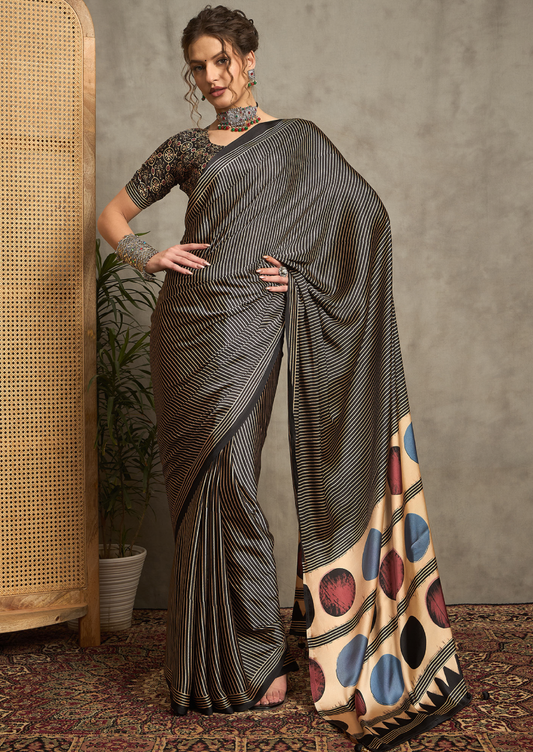 Pure Crepe Black Printed Designer Saree With Blouse Piece (NORAJRK102)