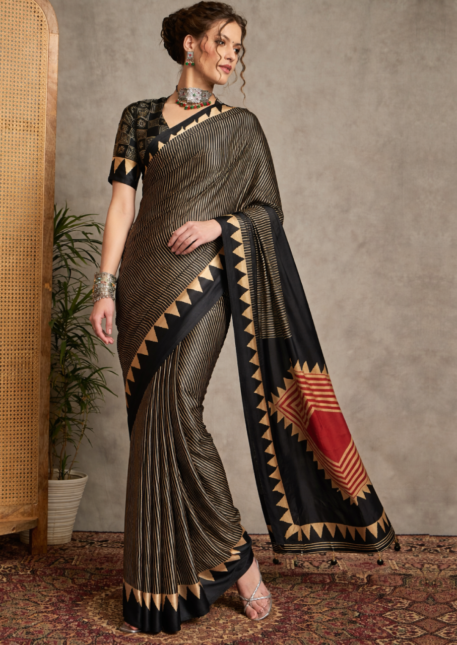 Pure Crepe Black Printed Designer Saree With Blouse Piece (NORAJRK105)