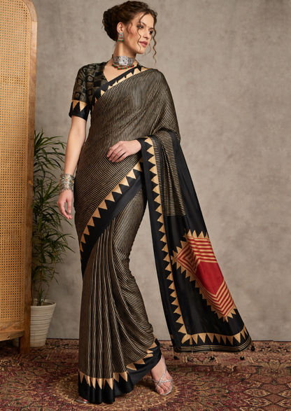 Pure Crepe Black Printed Designer Saree With Blouse Piece (NORAJRK105)