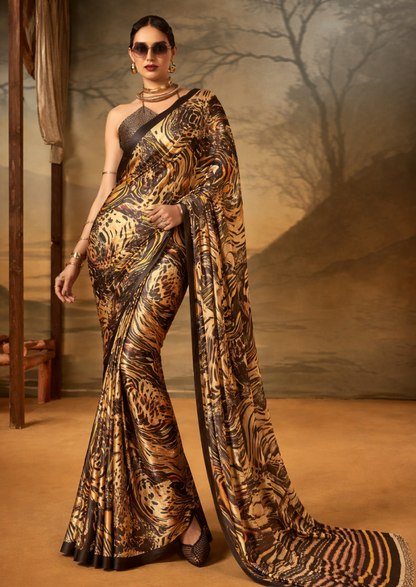 Crepe Beige Printed Designer Saree With Blouse Piece (SATIN85)