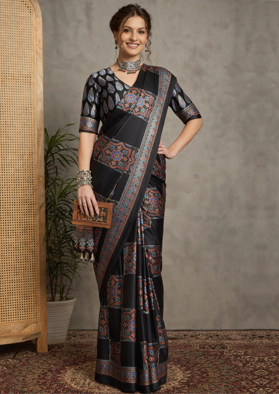 Pure Crepe Black Printed Designer Saree With Blouse Piece (NORAJRK106)