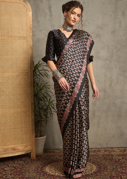 Pure Crepe Black Printed Designer Saree With Blouse Piece (NORAJRK103)