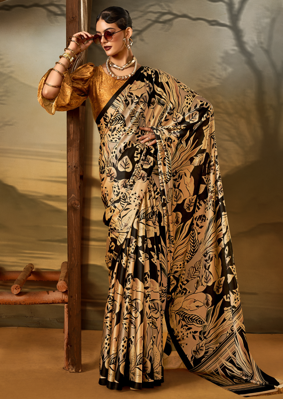 Crepe Beige Printed Designer Saree With Blouse Piece (SATIN82)