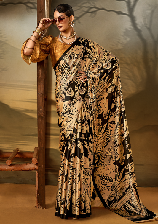 Crepe Beige Printed Designer Saree With Blouse Piece (SATIN82)