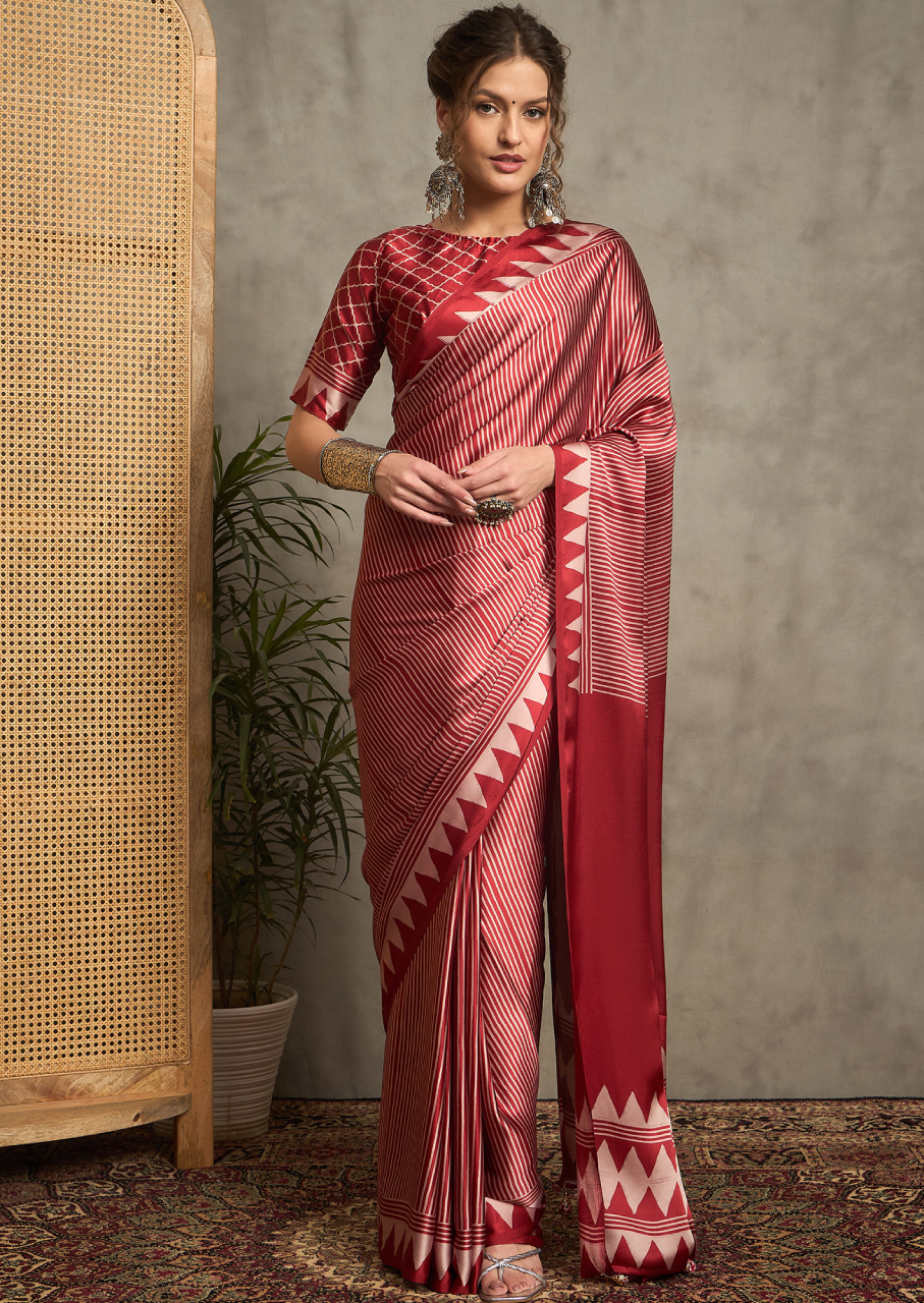 Pure Crepe Red Printed Designer Saree With Blouse Piece (NORAJRK108)
