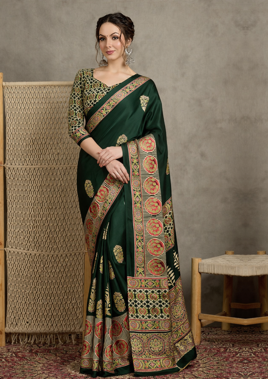 Pure Crepe Green Printed Designer Saree With Blouse Piece (MOHAR812)